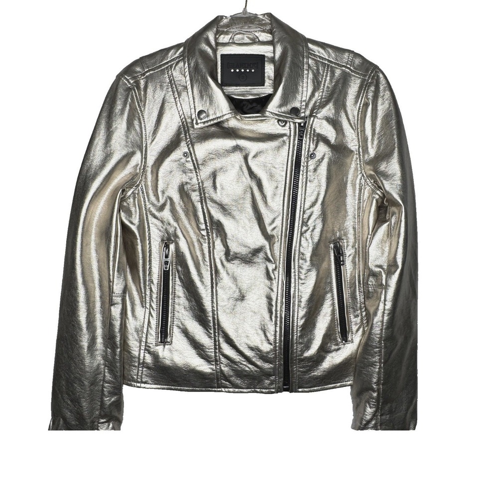 New Blank NYC Jacket Women's XS Silver Faux Leather Pockets Moto Crop Outdoor - Picture 10 of 13
